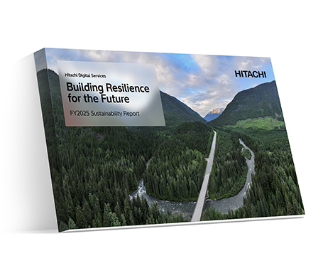 Hitachi Sustainability Report cover: 'Building Resilience for the Future, FY2025' with an aerial photo of a forest and a winding road through mountains.